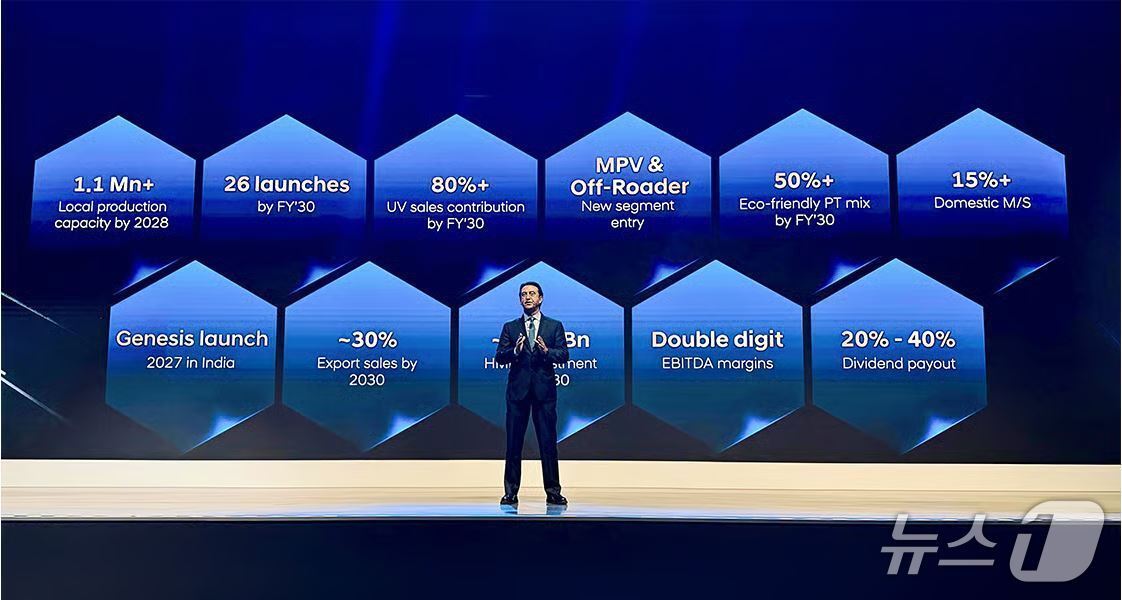 본문 이미지 -  지난 10월 인도에서 처음 개최한 현대차 CEO 인베스터 데이. 사진은 발표 중인 호세 무뇨스 현대차 CEO.&#40;현대차 제공&#41;