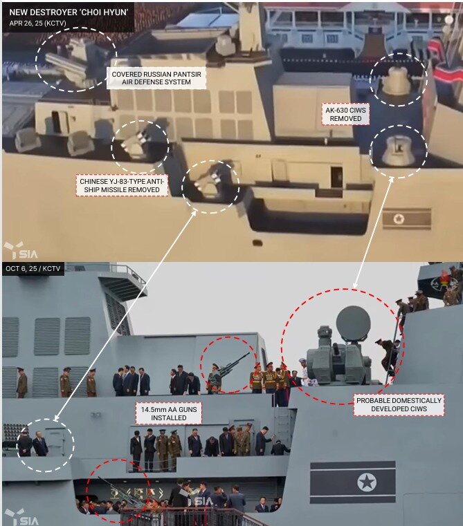North Korea&#39;s 5,000-ton destroyer, the Choe Hyon, has been equipped with outdated machine guns / Capture from SI Analytics&#39; report