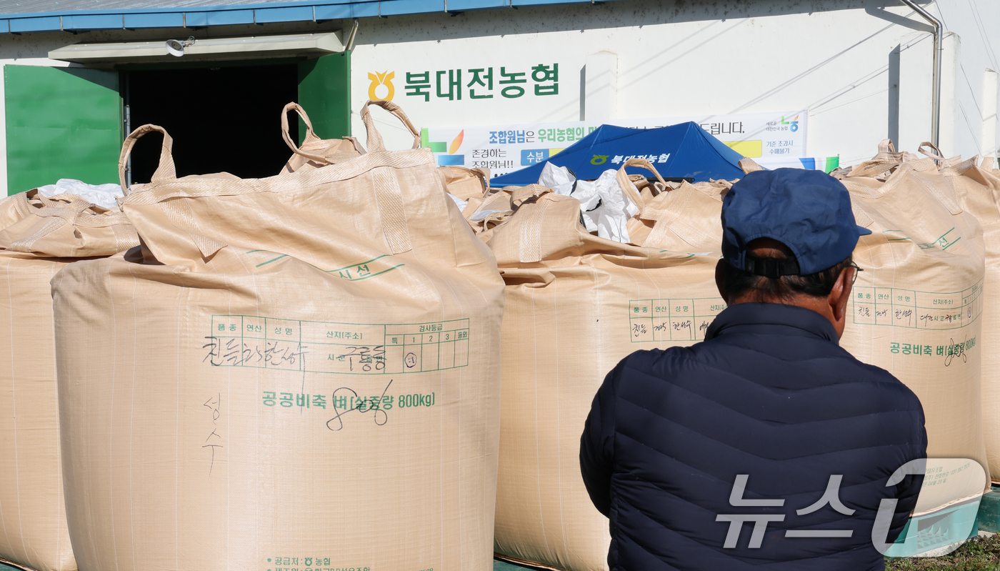 (대전=뉴스1) 김기태 기자 = 대전지역 공공비축미 매입이 시작된 11일 대전 유성구 대동창고에서 농민이 검사 상황을 바라보고 있다.  2025.11.11/뉴스1