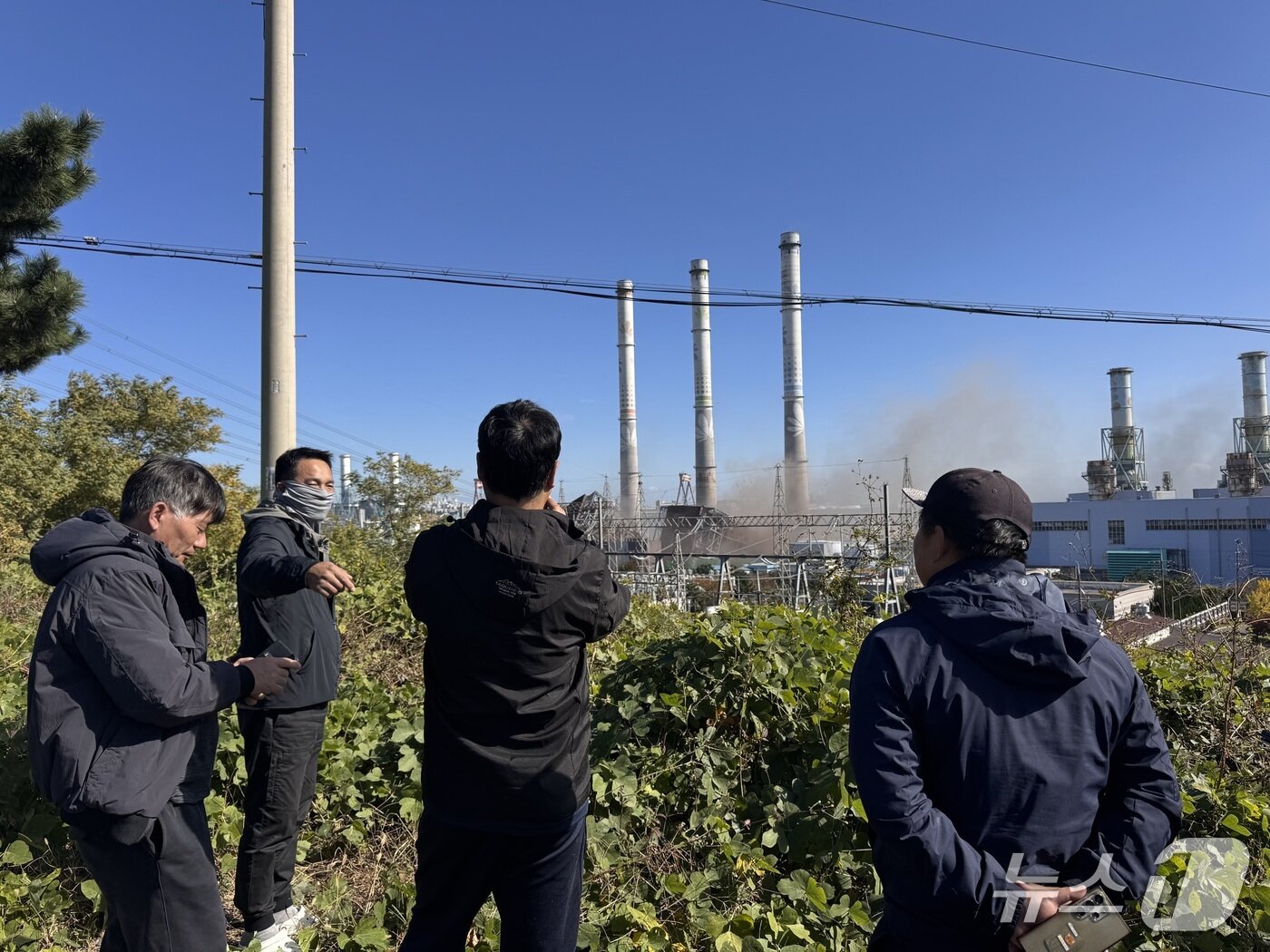 본문 이미지 - 11일 울산화력발전소 보일러 타워 발파 현장 인근 언덕에서 인근 주민과 작업자 10여명이 해체 작업을 보고 있다.2025.11.11./뉴스1 ⓒ News1 김세은 기자