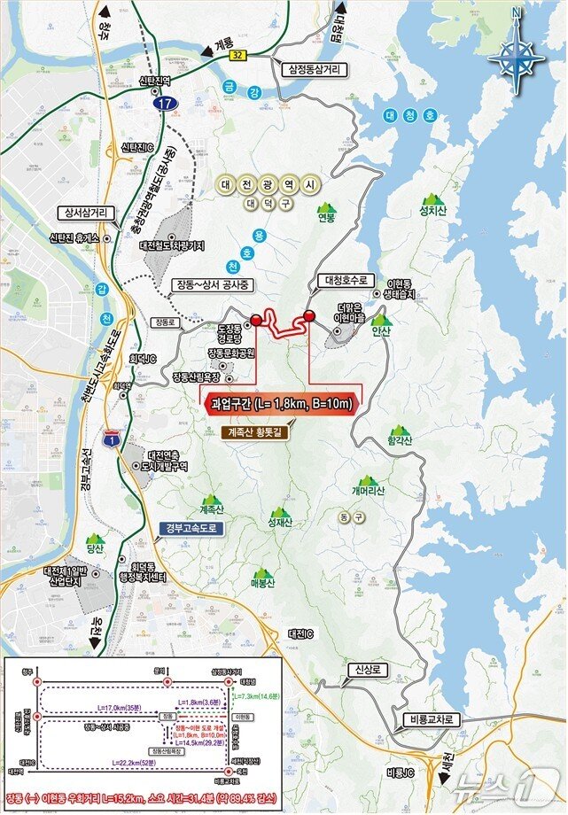 본문 이미지 - 장동~이현간 도로개설 노선도.(대덕구 제공. 재판매 및 DB금지)/뉴스1