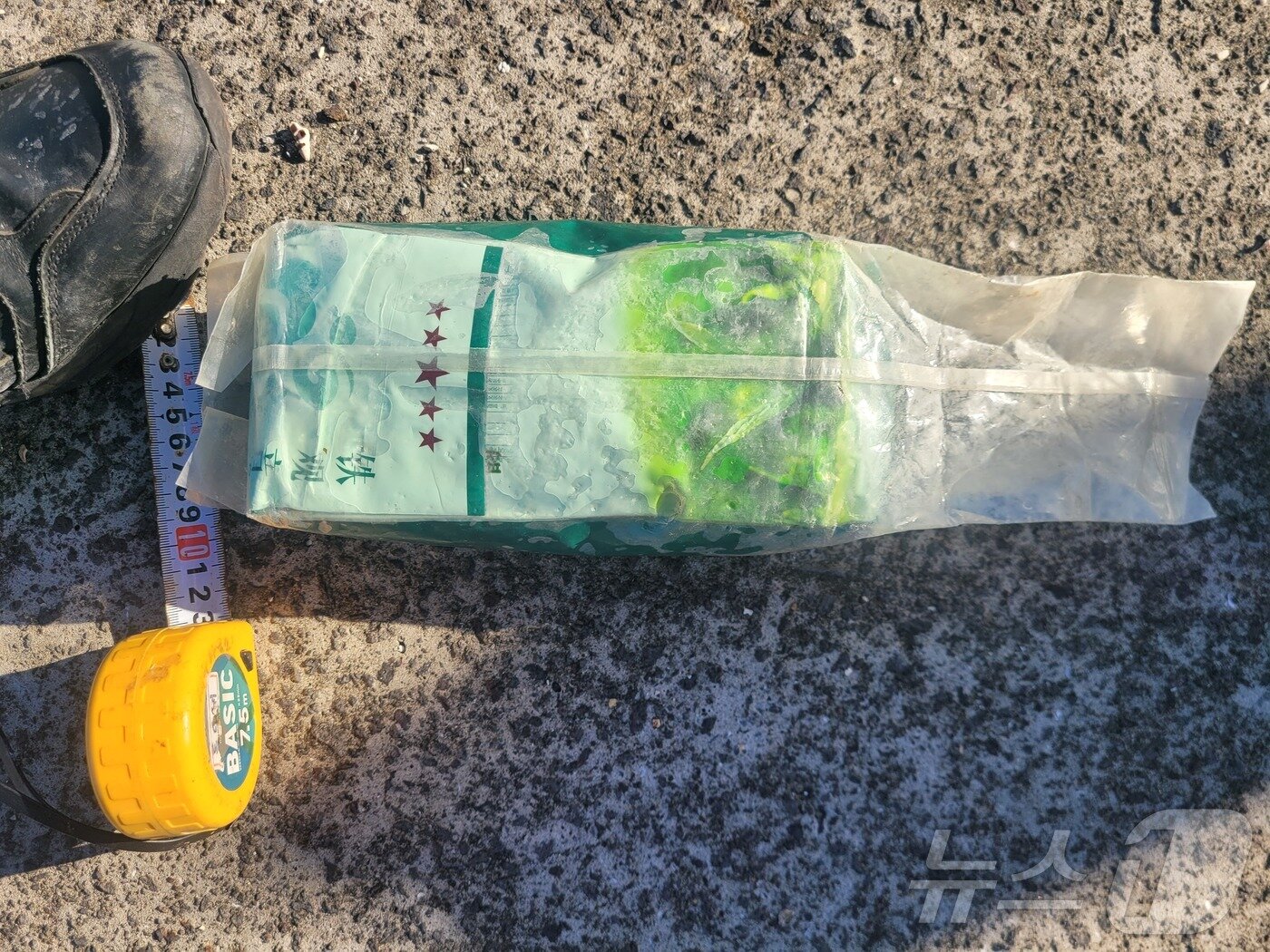 본문 이미지 - 11일 오전 9시쯤 제주시 구좌읍 월정리 해변에서 초록색 우롱차(茶) 봉지로 포장된 약 1㎏의 마약류 의심 물체가 발견됐다.(제주지방해양경찰청 제공. 재판매 및 DB 금지) ⓒ News1 홍수영 기자