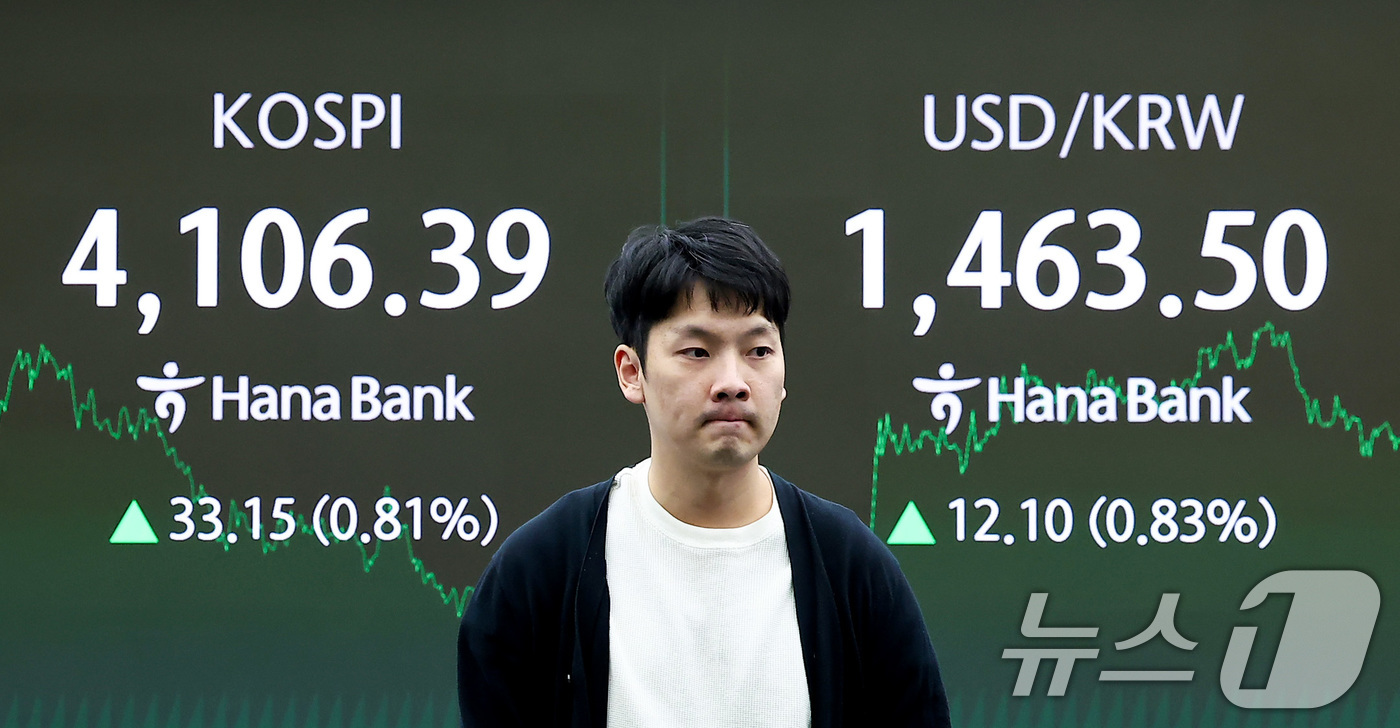 (서울=뉴스1) 김성진 기자 = 11일 서울 중구 하나은행 본점 딜링룸 전광판에 종가가 나오고 있다.이날 코스피는 전일 종가 대비 33.15포인트(0.81%) 상승한 4106.39 …
