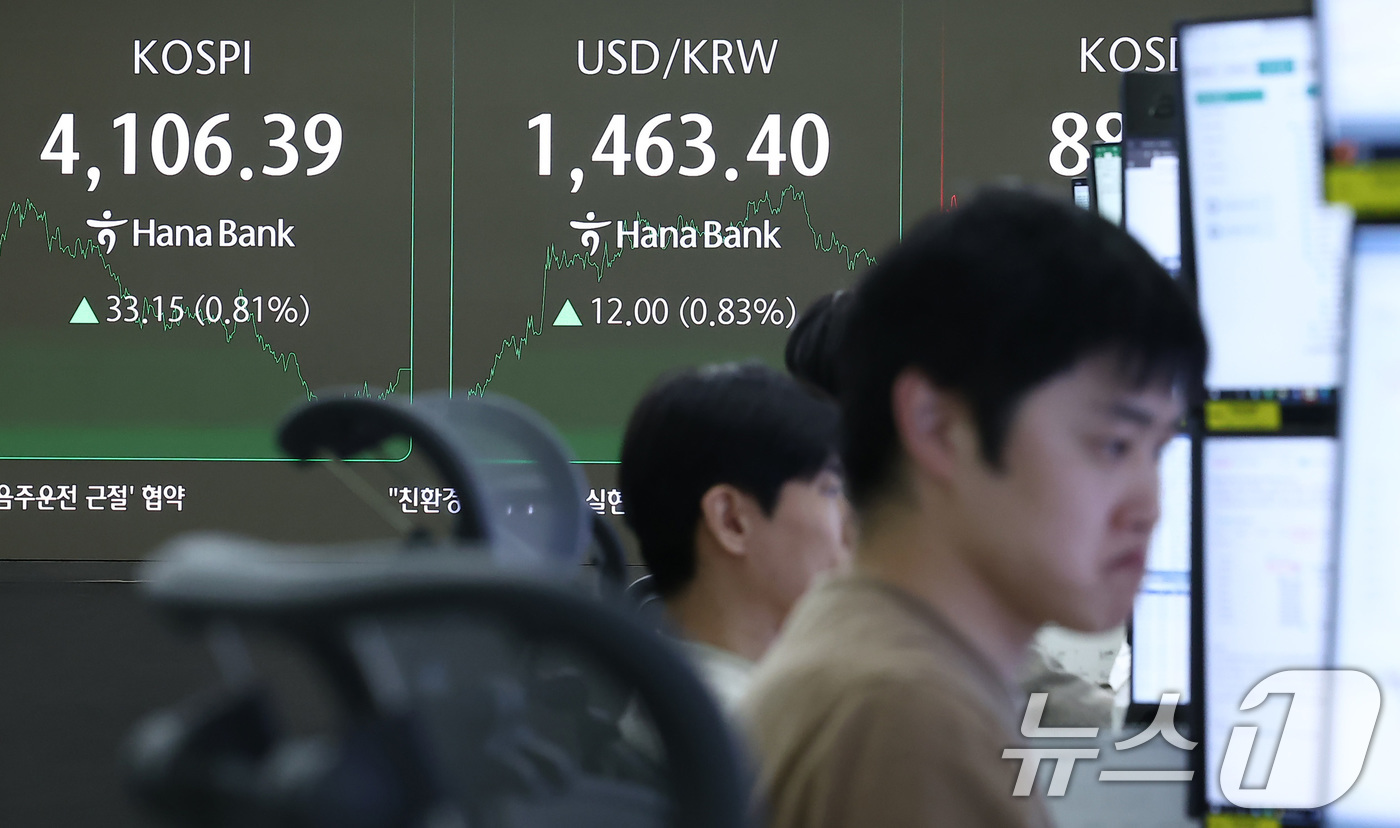 (서울=뉴스1) 김성진 기자 = 11일 서울 중구 하나은행 본점 딜링룸 전광판에 종가가 나오고 있다.이날 코스피는 전일 종가 대비 33.15포인트(0.81%) 상승한 4106.39 …