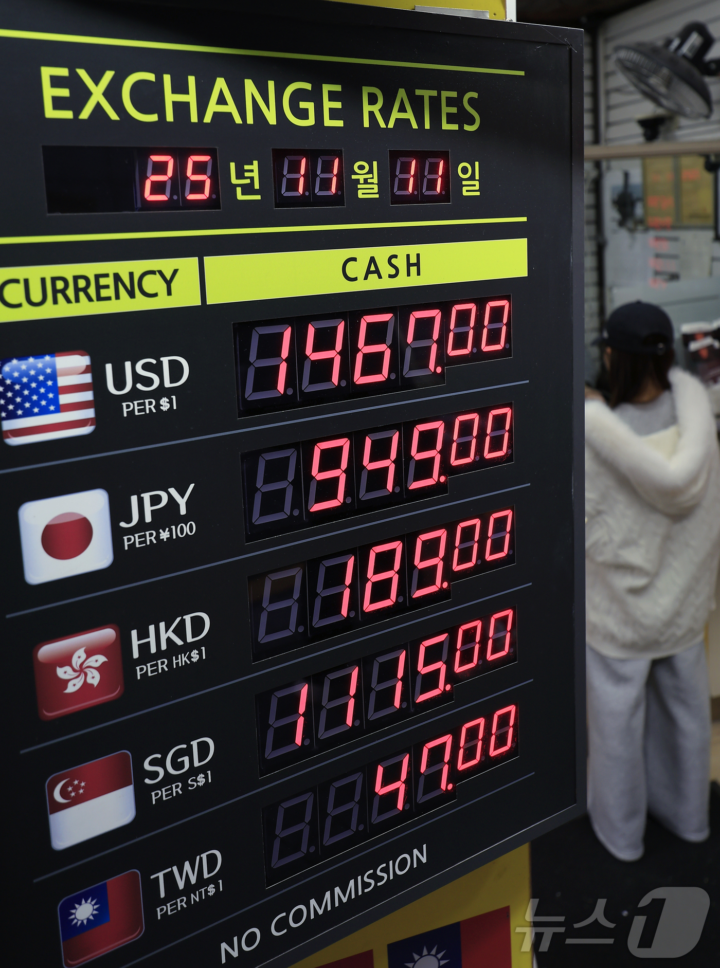 (서울=뉴스1) 박정호 기자 = 달러·원 환율이 장중 1460원대를 돌파하며 약 7개월 만에 최고치를 기록한 11일 오후 서울 중구 명동의 환전소에서 관광객이 환전을 하고 있다. …