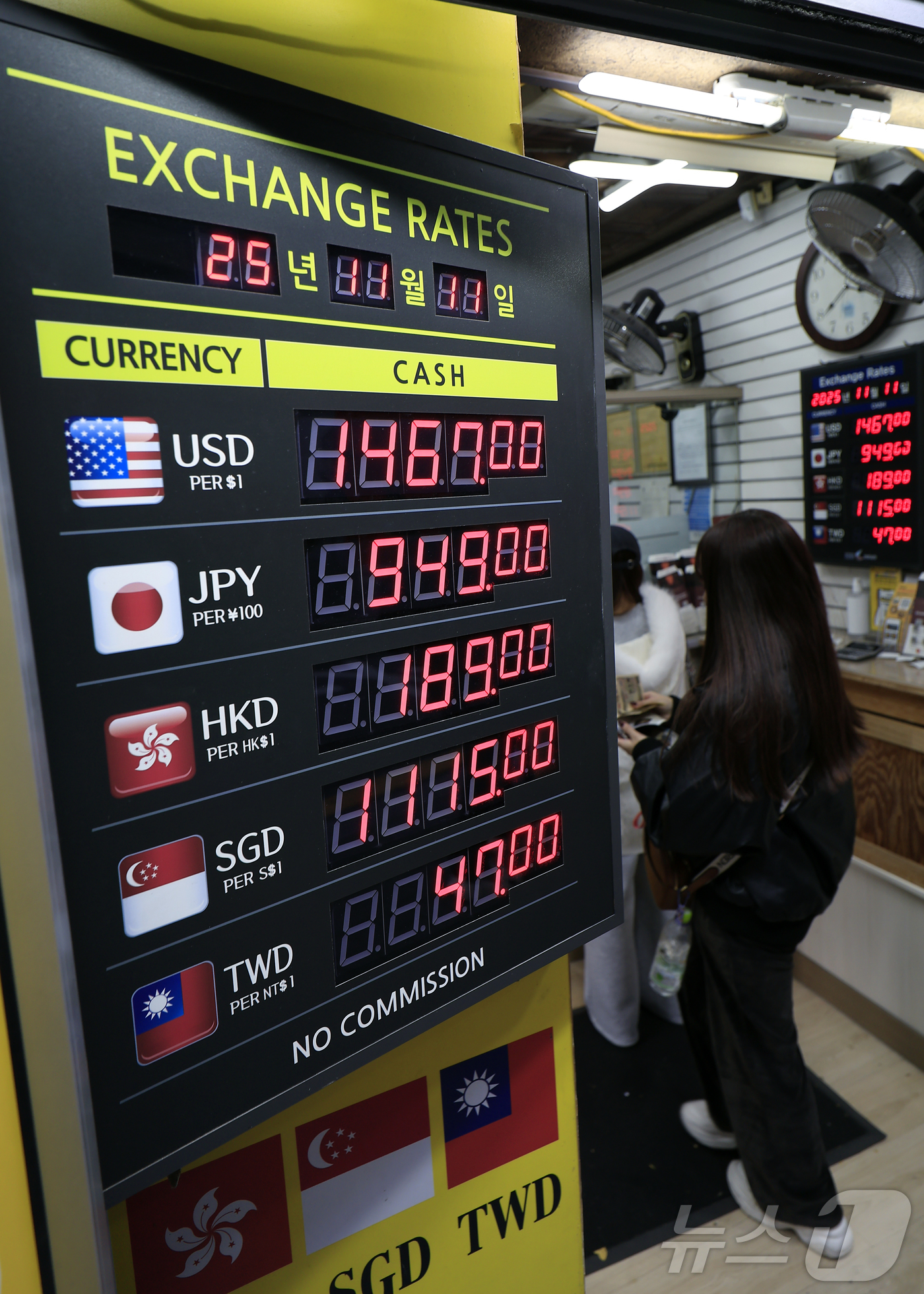 (서울=뉴스1) 박정호 기자 = 달러·원 환율이 장중 1460원대를 돌파하며 약 7개월 만에 최고치를 기록한 11일 오후 서울 중구 명동의 환전소에서 관광객이 환전을 하고 있다. …