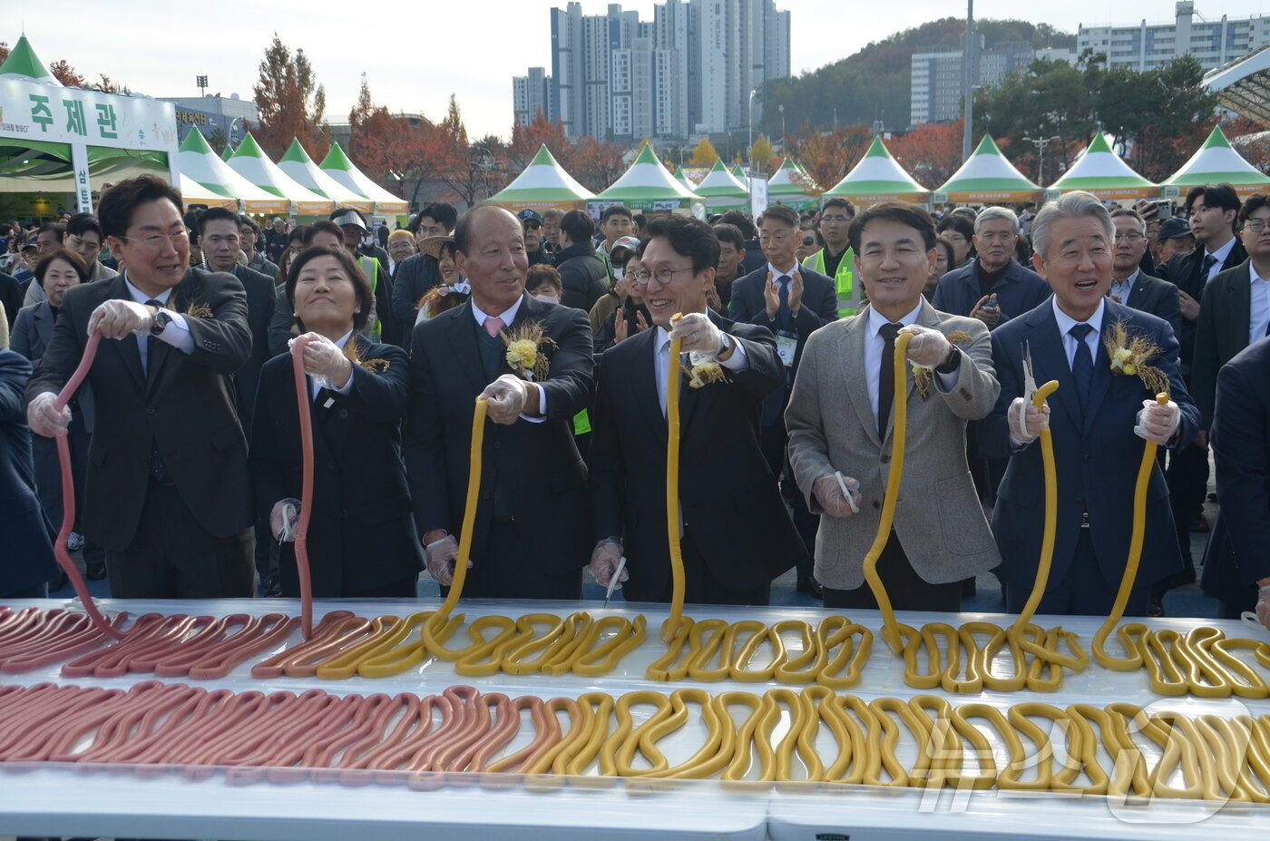 본문 이미지 - 김민석 국무총리가 11일 오후 강원 원주에서 열린 제30회 농업인의 날 국가기념식에 참석해 기념식의 부대 이벤트인 '1111m 가래떡' 행사에 참여하고 있다. 2025.11.11./뉴스1 ⓒ News1 신관호 기자