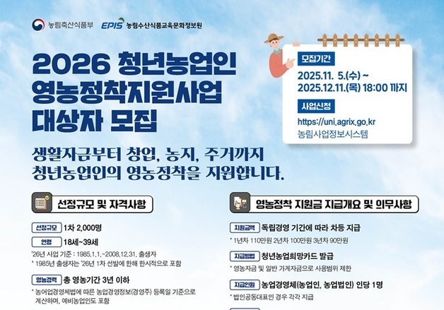 파주시, 2026년 청년농업인 영농정착지원사업 대상자 모집