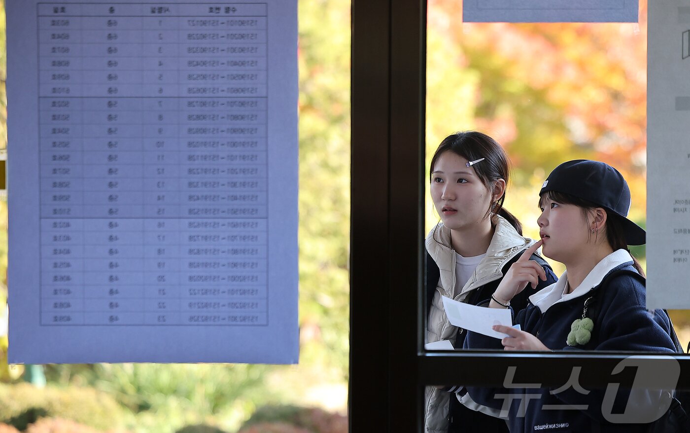 본문 이미지 - 2026학년도 대학수학능력시험을 하루 앞두고 예비 소집이 실시된 12일 오후 서울 중구 이화여자고등학교에서 수험생들이 시험실 위치를 확인하고 있다. 2025.11.12/뉴스1 ⓒ News1 김진환 기자