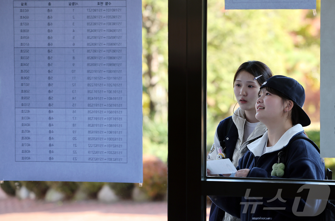 (서울=뉴스1) 김진환 기자 = 2026학년도 대학수학능력시험을 하루 앞두고 예비 소집이 실시된 12일 오후 서울 중구 이화여자고등학교에서 수험생들이 시험실 위치를 확인하고 있다. …