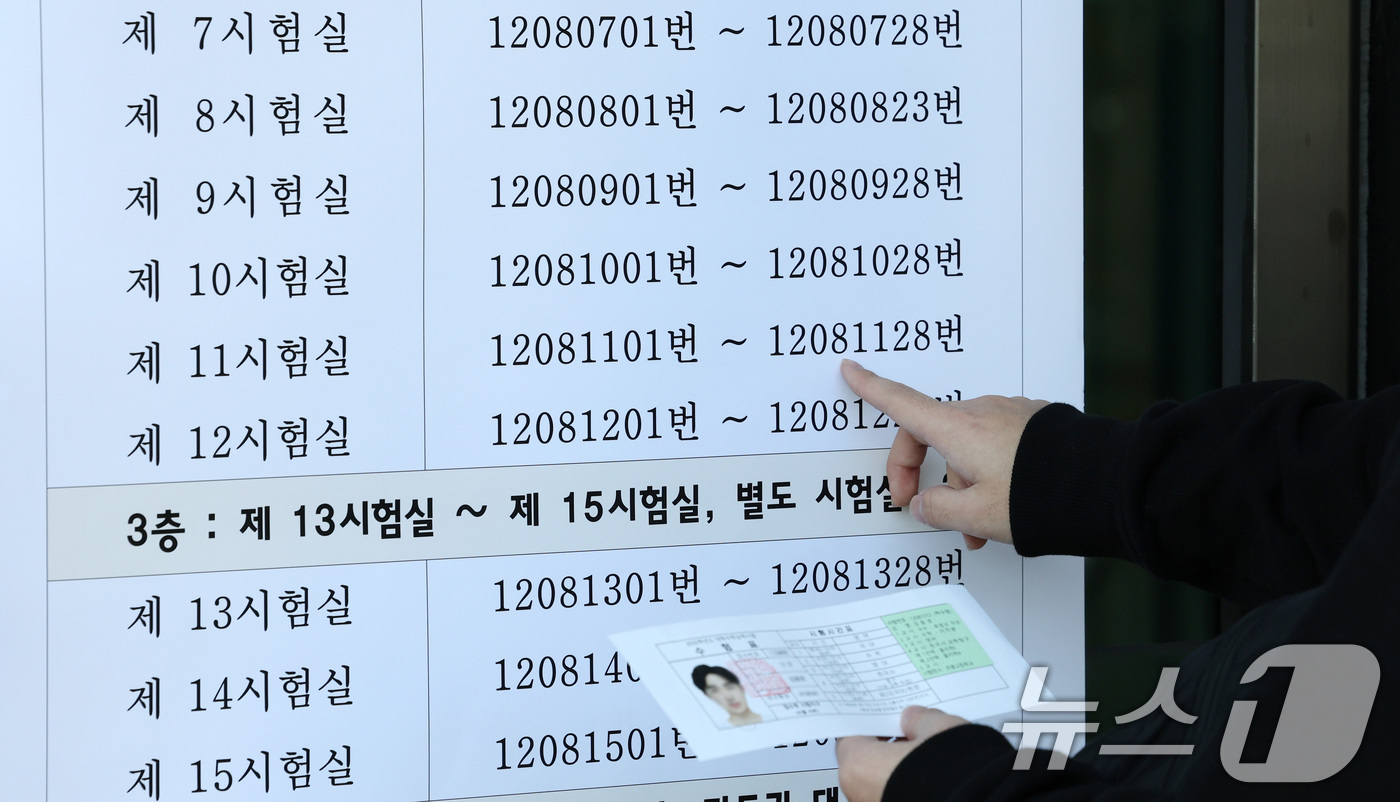 (서울=뉴스1) 이호윤 기자 = 2026학년도 대학수학능력시험을 하루 앞두고 예비 소집이 실시된 12일 서울 은평구 은평고등학교에서 수험생이 시험실 위치를 확인하고 있다. 2025 …