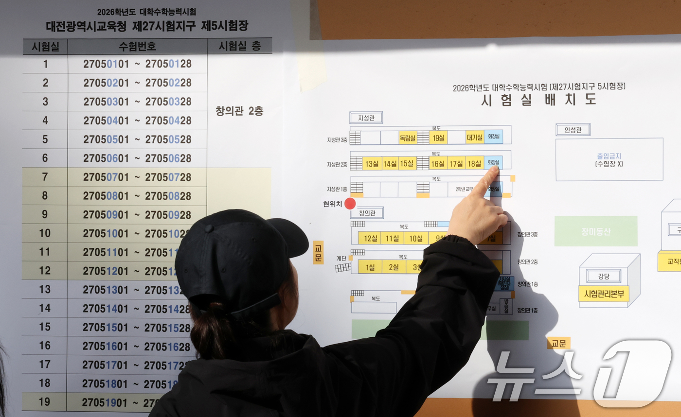 (대전=뉴스1) 김기태 기자 = 2026학년도 대학수학능력시험 예비소집일인 12일 대전 동구 대전여자고등학교에서 수험생들이 수능 시험장 정보를 확인하고 있다.  2025.11.12 …