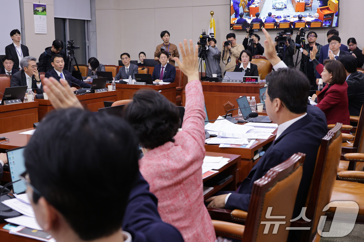 (서울=뉴스1) 신웅수 기자 = 12일 서울 여의도 국회에서 열린 법제사법위원회 전체회의에서 여야 의원들이 예산안 거수 투표를 하고 있다. 2025.11.12/뉴스1