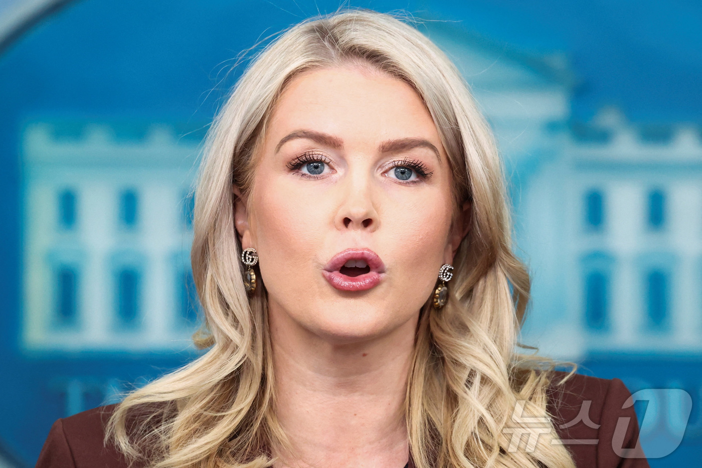 (워싱턴DC 로이터=뉴스1) 류정민 특파원 = 캐롤라인 레빗 백악관 대변인이 12일(현지시간) 미국 워싱턴DC 백악관에서 언론 브리핑을 진행하고 있다. 2025.11.12.ⓒ 로이 …