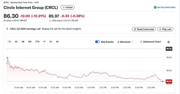 USDC 발행 서클 실적 실망에 12% 폭락, 상장 이후 최저치(상보)