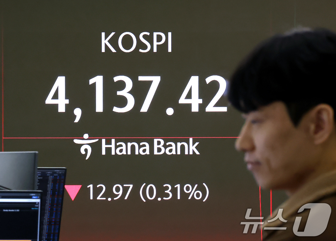 (서울=뉴스1) 장수영 기자 = 13일 오전 서울 중구 하나은행 딜링룸 전광판에 코스피 시황이 표시되고 있다.전일 종가 대비 코스피는 22.82p(0.55%) 내린 4127.57으 …