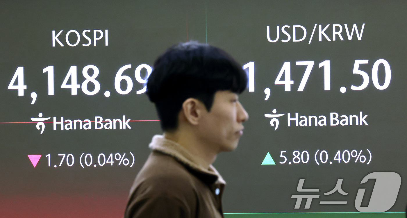 (서울=뉴스1) 장수영 기자 = 13일 오전 서울 중구 하나은행 딜링룸 전광판에 코스피와 원달러 환율 시황이 표시되고 있다.전일 종가 대비 코스피는 22.82p(0.55%) 내린 …