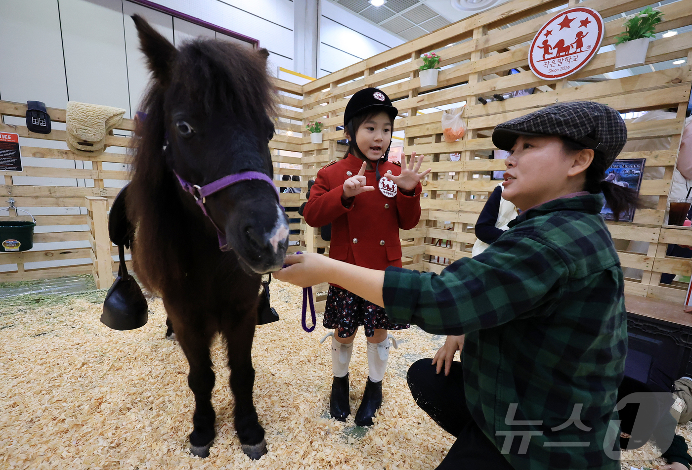 (서울=뉴스1) 김진환 기자 = 13일 오후 서울 강남구 코엑스에서 열린 제56회 서울국제유아교육전 및 키즈페어에서 어린이가 승마체험을 하고 있다. 2025.11.13/뉴스1