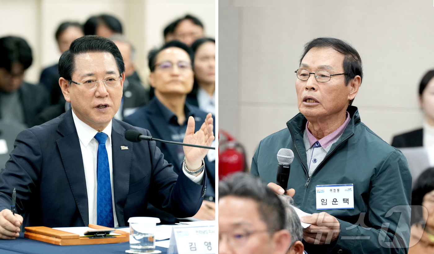 (무안=뉴스1) 전원 기자 = 김영록 전라남도지사가 13일 여수시청 대회의실에서 열린 ‘여수시 정책비전 투어’ 행사에서 정책현안에 대한 토론을 주재하고 참석자들의 정책제안 및 건의 …