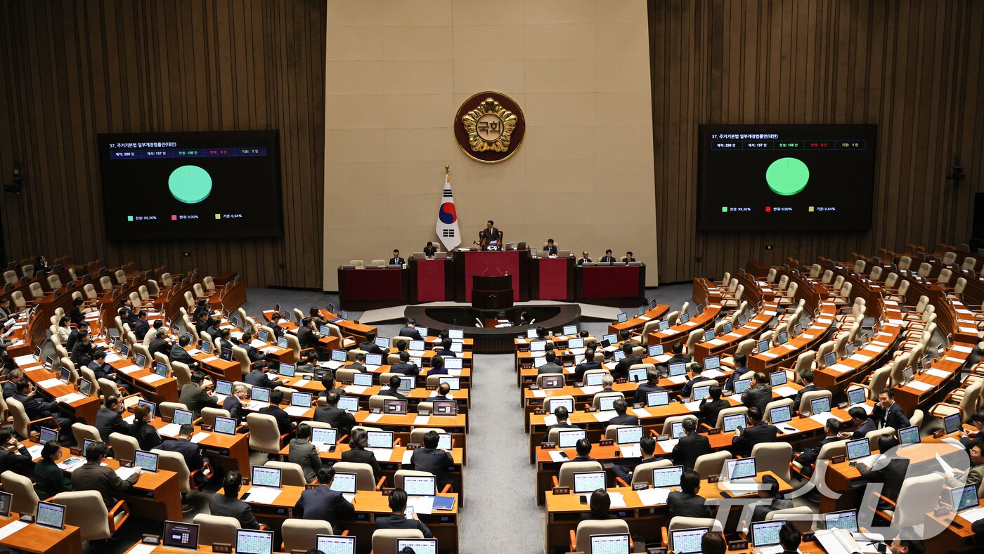 본문 이미지 - 13일 서울 여의도 국회에서 열린 제429회국회&#40;정기회&#41; 12차 본회의가 열리고 있다. 2025.11.13/뉴스1 ⓒ News1 이승배 기자