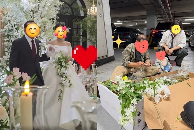 "내 딸 부케 시들까봐"…결혼식장 주차장 바닥서 꽃 다듬은 아버지 '뭉클'