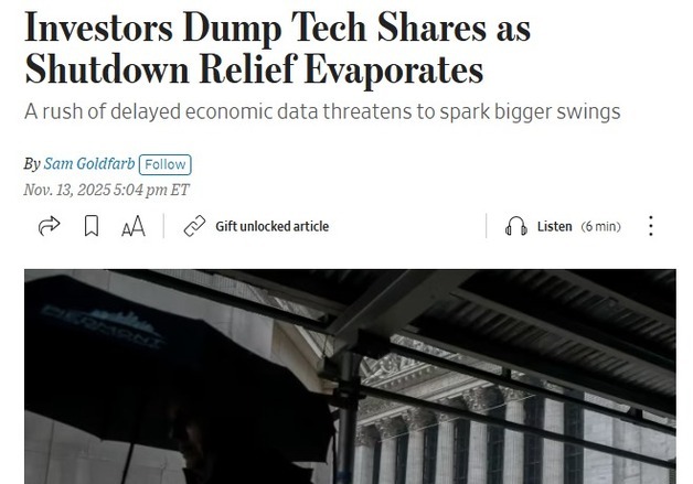 “셧다운 종료 행복감 사라지자 투자자들 기술주 던졌다”-WSJ
