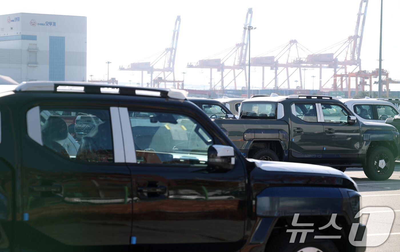 본문 이미지 - 한미 양국이 14일 통상·안보 협상의 결과물인 '조인트 팩트시트'(공동 설명자료)를 발표했다. 미국이 공개한 한미 정상회담 조인트 팩트시트에 따르면 미국은 한국산 자동차와 자동차 부품 등에 대해 관세를 15% 인하한다고 명시했다. 사진은 이날 경기 평택시 포승읍 평택항에 수출용 차량이 세워져 있는 모습. 2025.11.14/뉴스1 ⓒ News1 김영운 기자