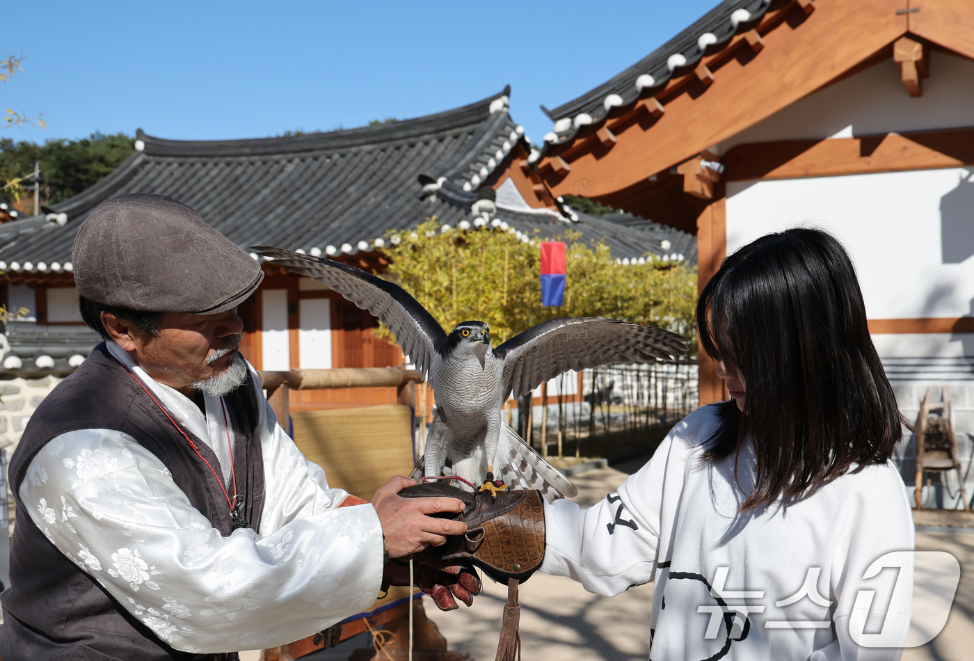 (대전=뉴스1) 김기태 기자 = 인류무형문화유산 박용순 응사가 14일 대전 동구 이사동 유교전통의례관에서 대전문화재단이 운영하는 문화유산 매사냥 체험 프로그램에 참가한 학생들에게 …