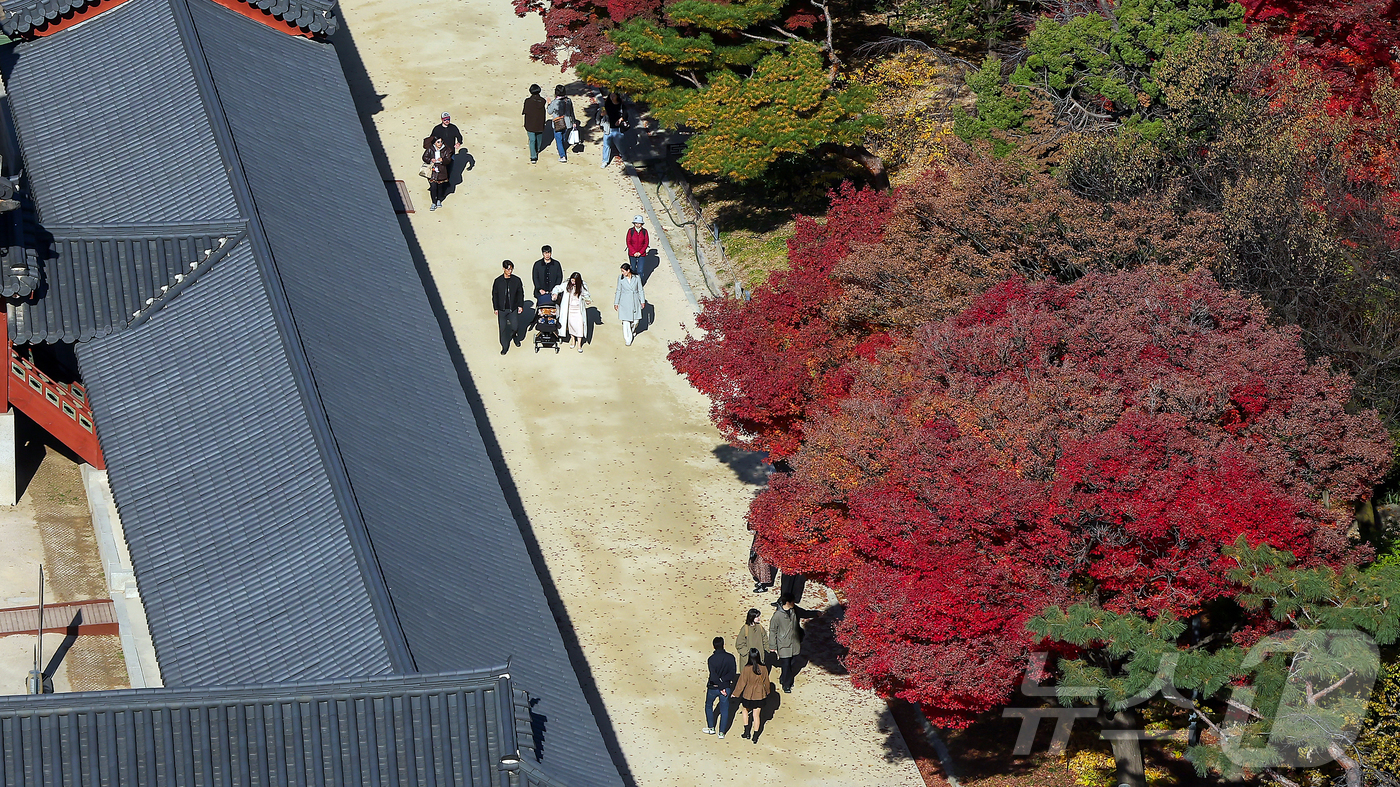 (서울=뉴스1) 김진환 기자 = 온화한 날씨를 보인 14일 오후 서울 중구 덕수궁에 단풍이 물든 가운데 시민들이 늦가을 정취를 즐기고 있다. 2025.11.14/뉴스1