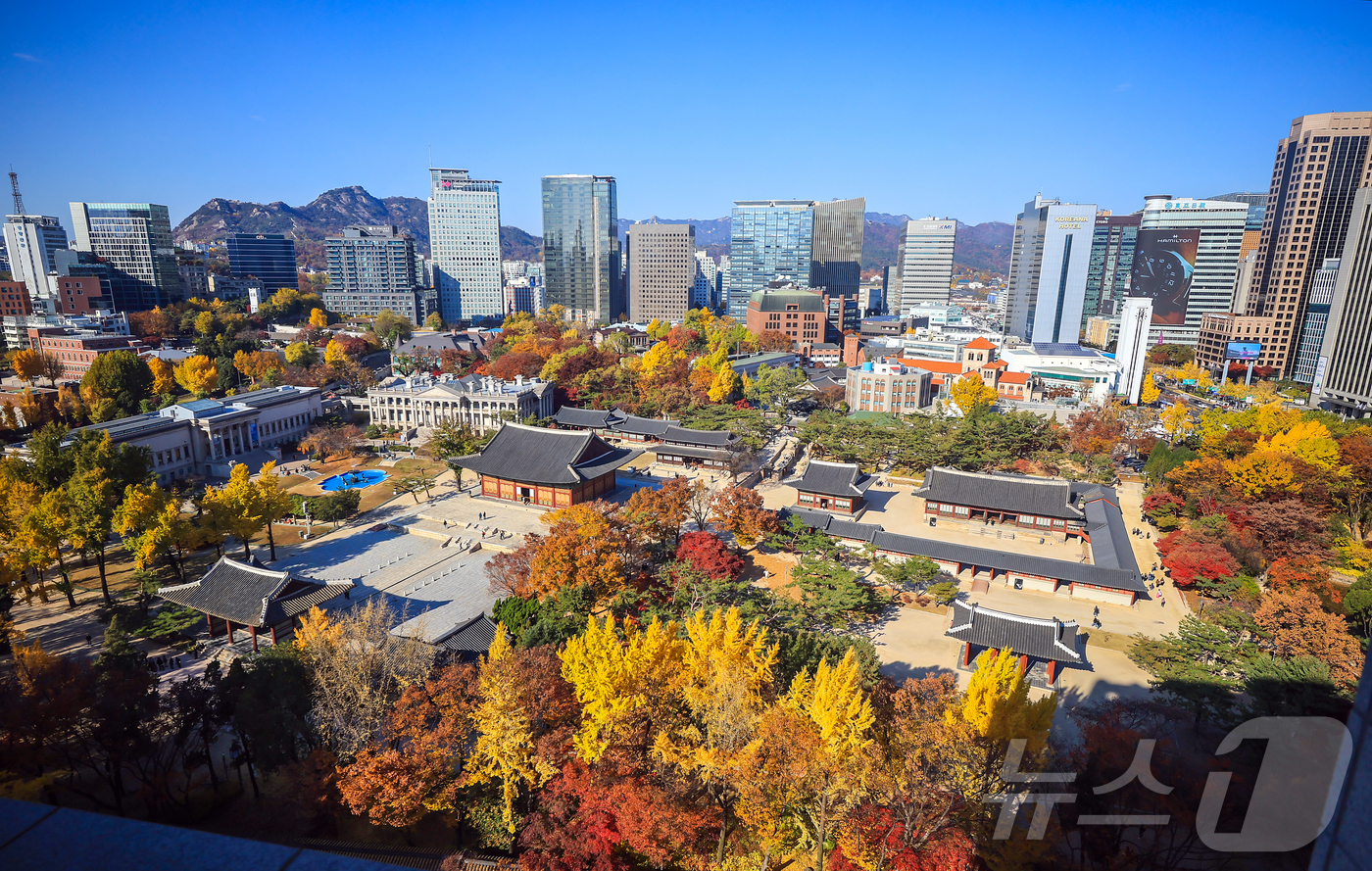 (서울=뉴스1) 김진환 기자 = 온화한 날씨를 보인 14일 오후 서울 중구 정동전망대에서 바라본 덕수궁이 단풍이 울긋불긋 물들어 있다. 2025.11.14/뉴스1