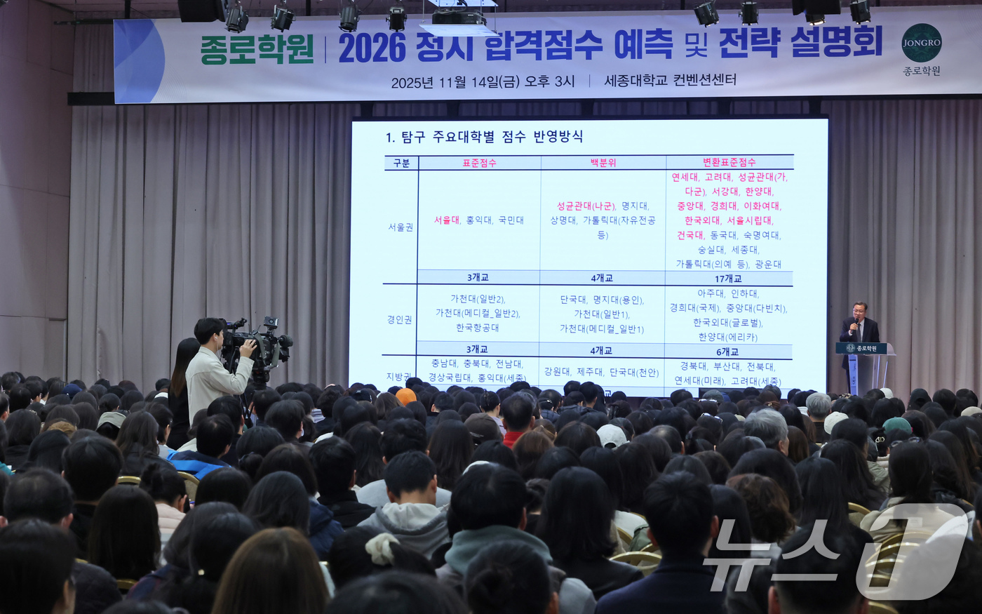 (서울=뉴스1) 장수영 기자 = 14일 오후 서울 광진구 세종대에서 열린 종로학원 2026학년도 수능점수 분석 및 정시 합격점수예측 긴급설명회를 찾은 학부모들이 수능 출제 경향 및 …