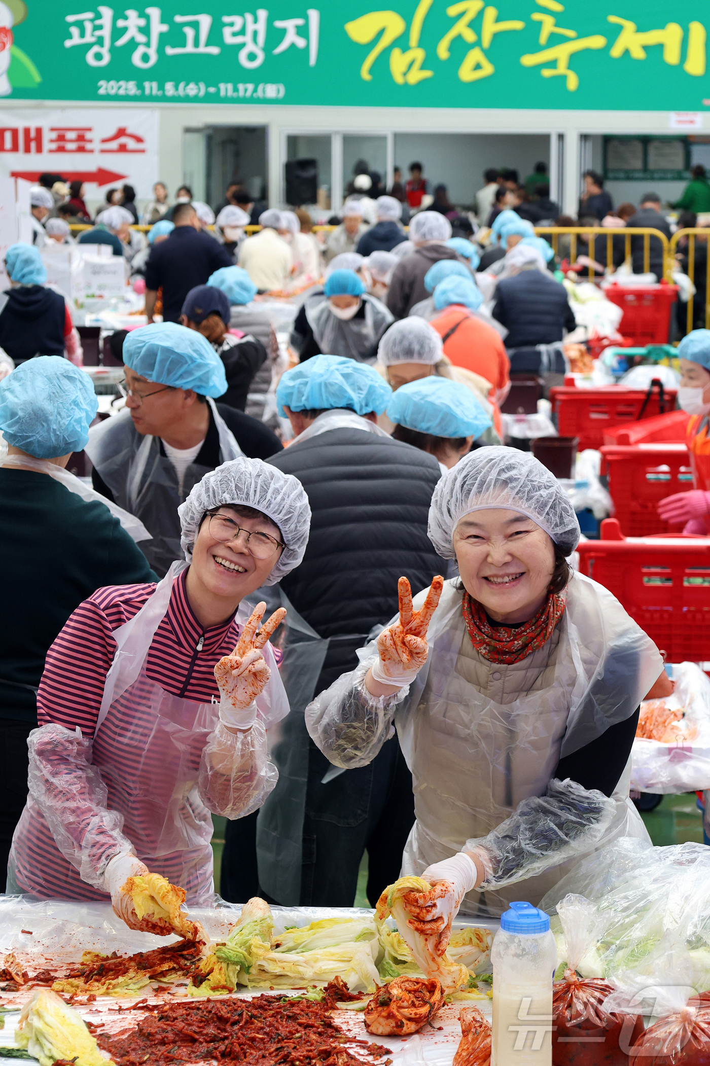 (서울=뉴스1) = 14일 강원 평창군 진부면민체육공원에서 개막한 제8회 평창고랭지김장축제를 찾은 방문객들이 김장을 담그고 있다. (평창군 제공. 재판매 및 DB 금지) 2025. …