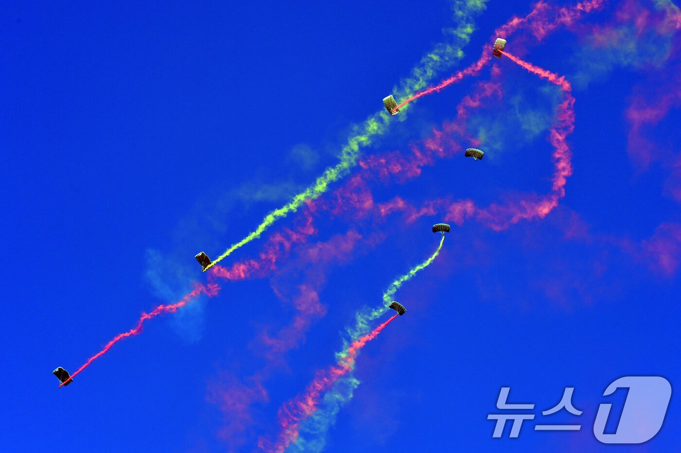 본문 이미지 - 15일 경북 포항시 해병대 1사단 연병장에서 열린 &#39;2025 해병대 문화축제&#39;에서 해병대특수수색여단 요원들이 상륙기동헬기인 마린온에서 고공강하 시범을 보이고 있다. 2025.11.15/뉴스1 ⓒ News1 최창호 기자