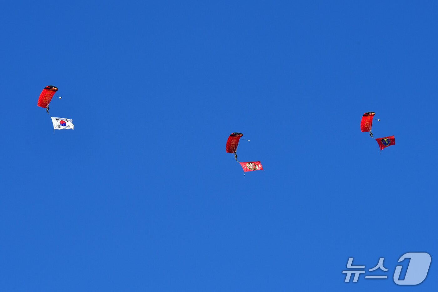 본문 이미지 - 15일 2025 해병대문화축제가 열린 해병대 1사단 연병장 상공에서 해병대특수수색여단 요원들이 고공강하 시범을 펼치고 있다.  2025.11.15/뉴스1 ⓒ News1 최창호 기자