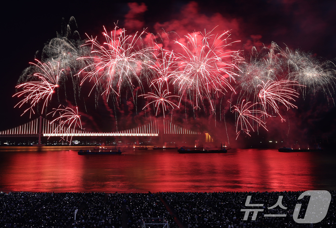 (부산=뉴스1) 윤일지 기자 = 15일 오후 부산 수영구 광안리해수욕장 일대에서 열린 '제20회 부산불꽃축제'에서 화려한 불꽃이 부산 밤바다를 수놓고 있다.  2025.11.15/ …