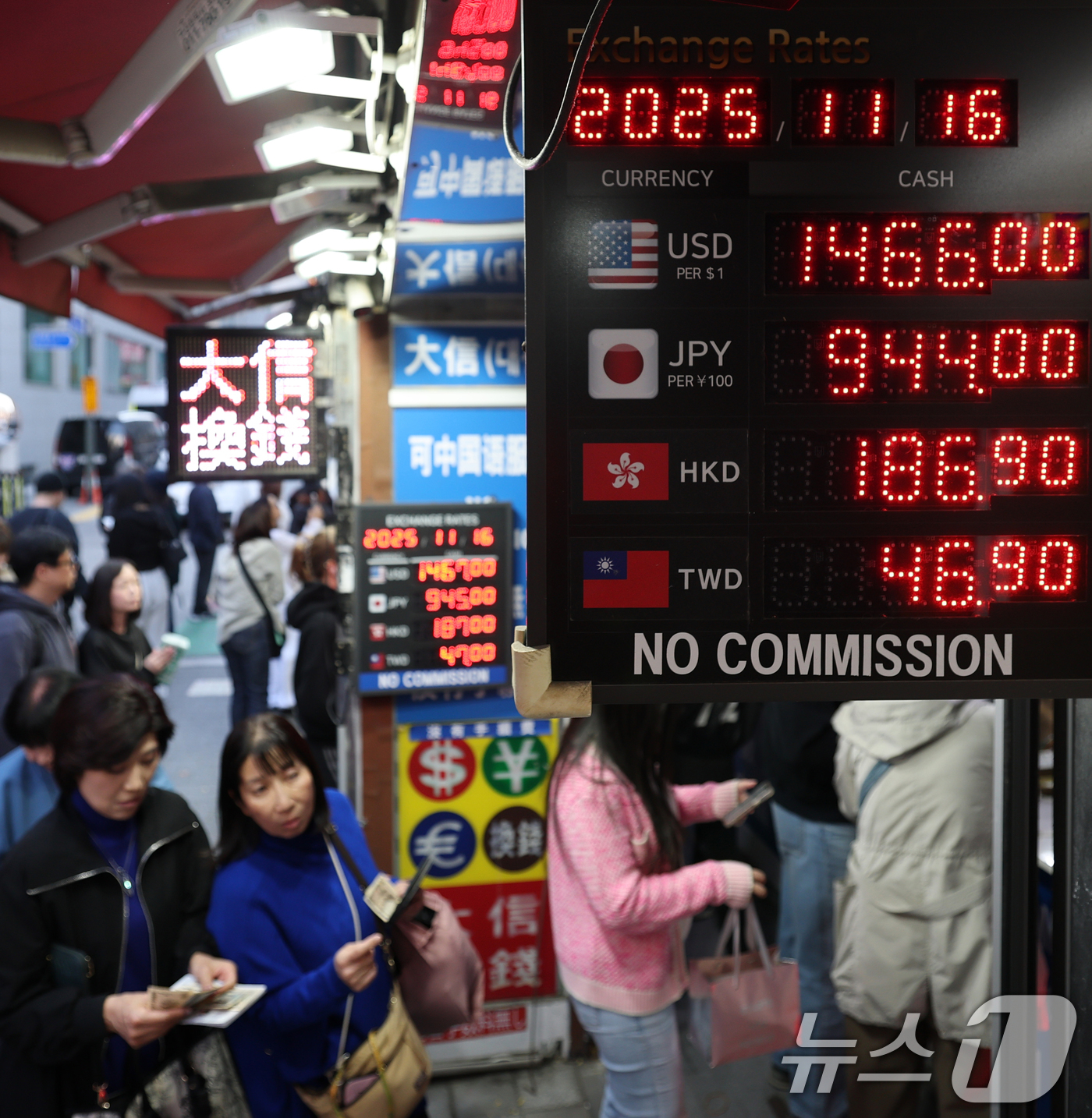 (서울=뉴스1) 오대일 기자 = 원·달러 환율이 고공행진을 이어가는 가운데 16일 오후 서울 중구 명동거리의 환전소에서 외국인들이 환전을 하고 있다.16일 한국은행에 따르면, 올해 …