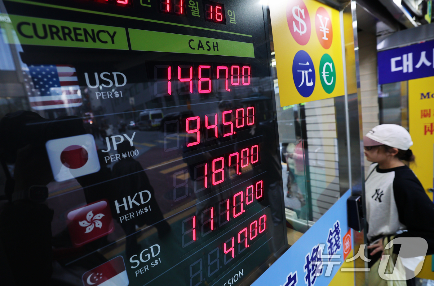 (서울=뉴스1) 오대일 기자 = 원·달러 환율이 고공행진을 이어가는 가운데 16일 오후 서울 중구 명동거리의 환전소에서 외국인들이 환전을 하고 있다.16일 한국은행에 따르면, 올해 …