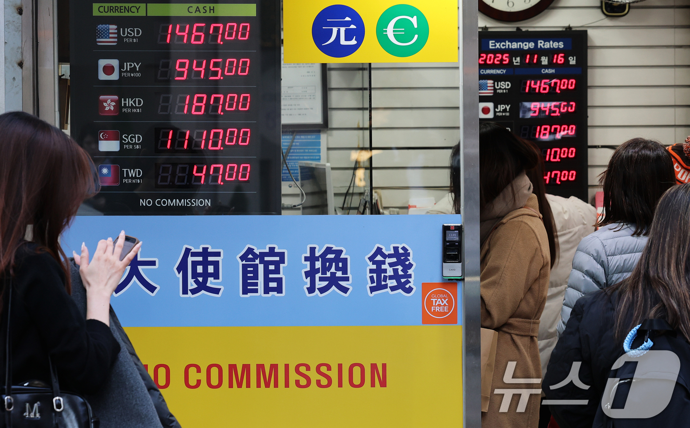 (서울=뉴스1) 오대일 기자 = 원·달러 환율이 고공행진을 이어가는 가운데 16일 오후 서울 중구 명동거리의 환전소에서 외국인들이 환전을 하고 있다.16일 한국은행에 따르면, 올해 …