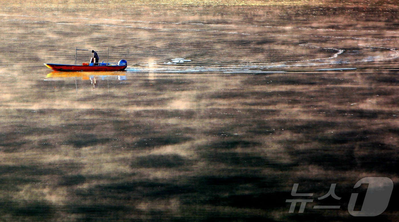 (인제=뉴스1) 신관호 기자 = 16일 오전 물안개가 핀 강원 인제군 남면 소양호에서 한 어부가 조업에 나서고 있다. (인제군 제공. 재판매 및 DB금지) 2025.11.16/뉴스 …