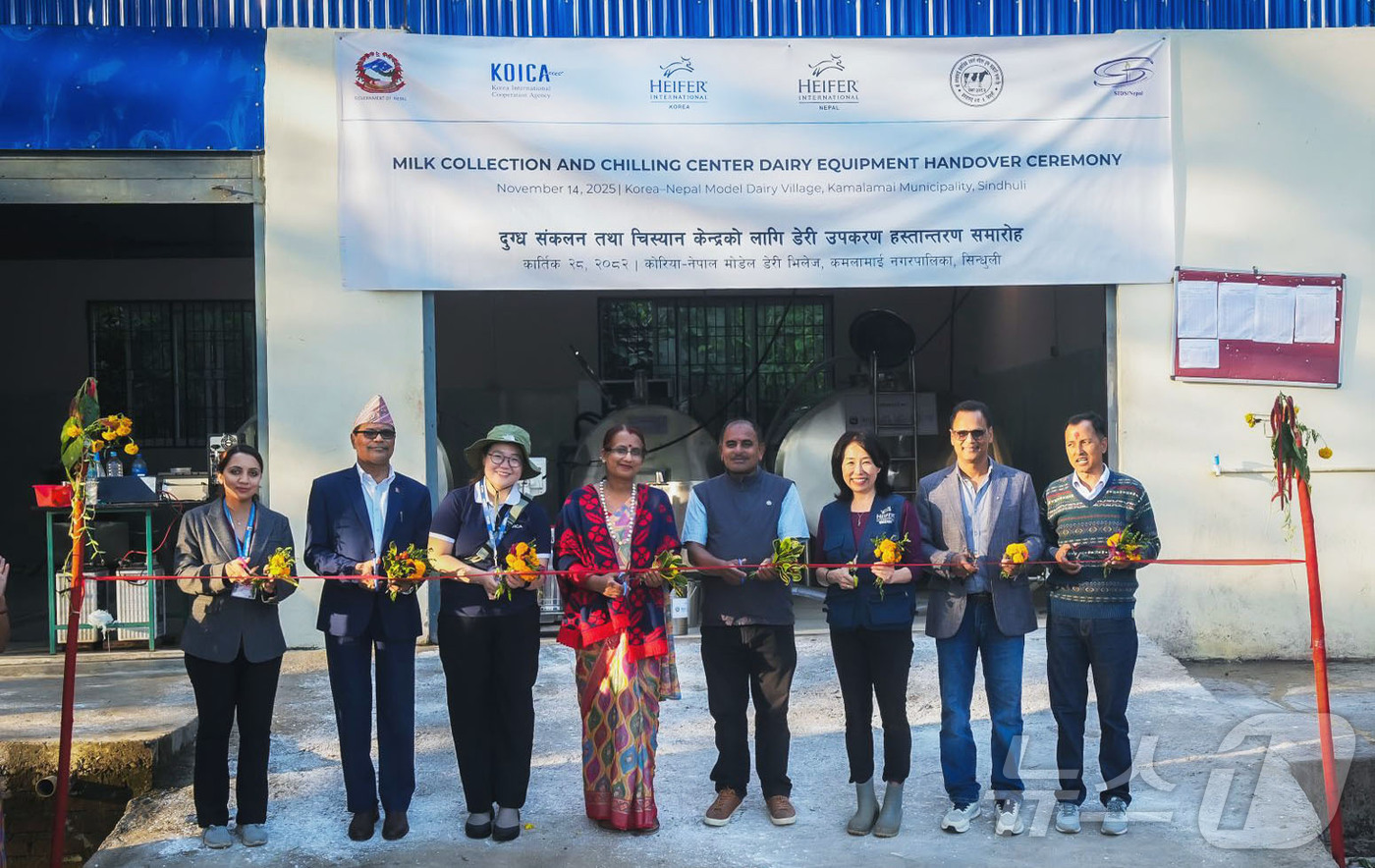 (서울=뉴스1) = 민간 국제개발단체 헤퍼코리아는 '네팔로 101마리 젖소 보내기'사업을 통해 건너간 한국형 순종 홀스타인 젖소 가운데 착유소63두가 신둘리 시범낙농마을에서 하루 …