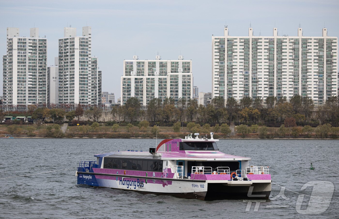 본문 이미지 - 17일 오전 서울 송파구 잠실선착장 인근에 한강버스가 멈춰 서 있다.  2025.11.17/뉴스1 ⓒ News1 이재명 기자