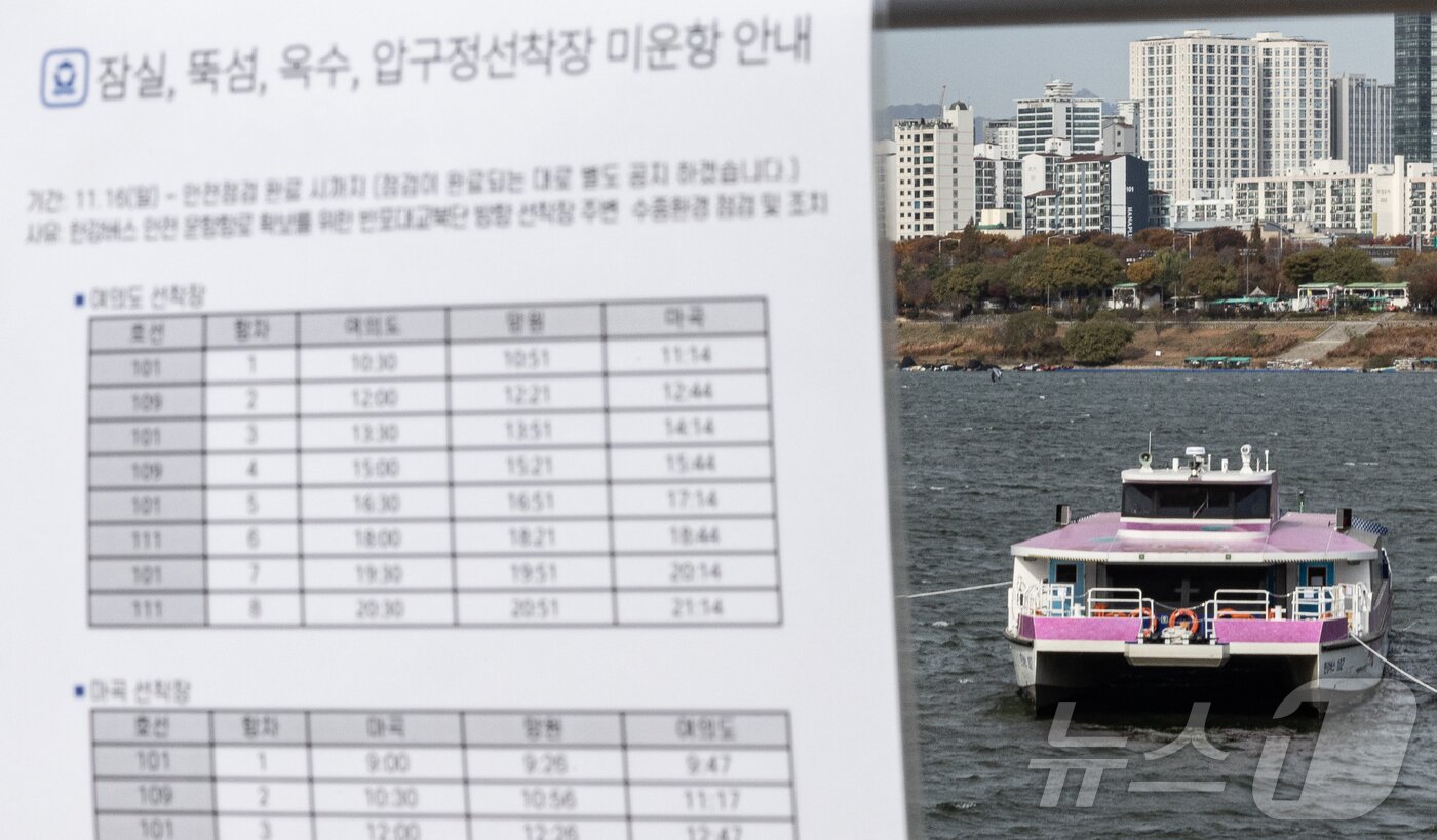 본문 이미지 - 17일 오전 서울 송파구 잠실선착장 인근에 한강버스가 멈춰 서 있다.  2025.11.17/뉴스1 ⓒ News1 이재명 기자