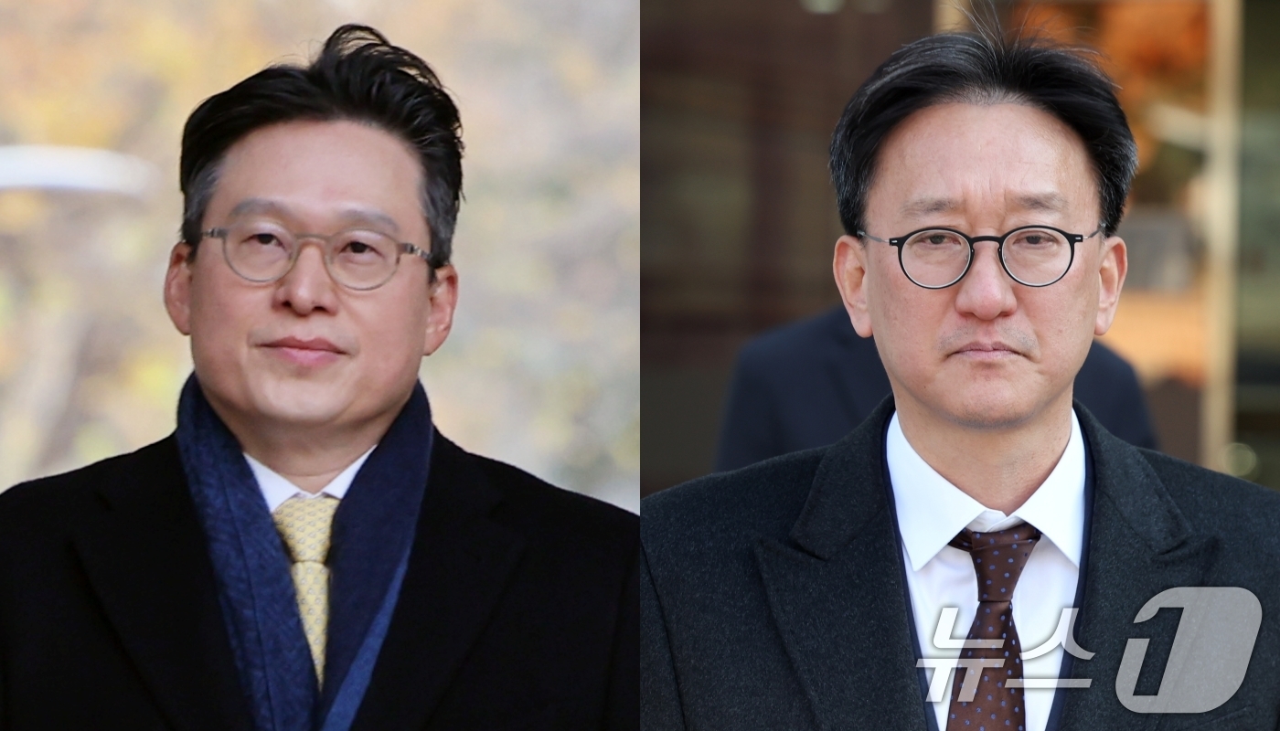 (서울=뉴스1) 황기선 기자 = 순직해병 수사방해 혐의를 받는 김선규 전 고위공직자범죄수사처 부장검사(왼쪽)과 송창진 전 고위공직자범죄수사처 수사2부장검사가 17일 서울 서초구 서 …