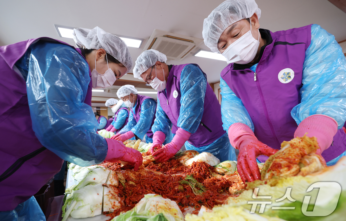 (오산=뉴스1) 김영운 기자 = 13일 경기 오산시 오산종합운동장에서 열린 '2025년 북한이탈주민 김장체험 및 소외계층 나눔행사'에서 자원봉사자들이 김치를 담그고 있다. 2025 …