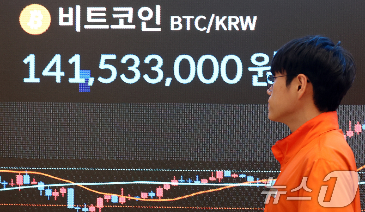 (서울=뉴스1) 김명섭 기자 = 17일 오후 서울 서초구 빗썸 라운지 전광판에 비트코인 가격이 1억4천1백만원대를 나타내며 하락세를 보이고 있다.한 달 전 사상 최고가를 경신했던 …