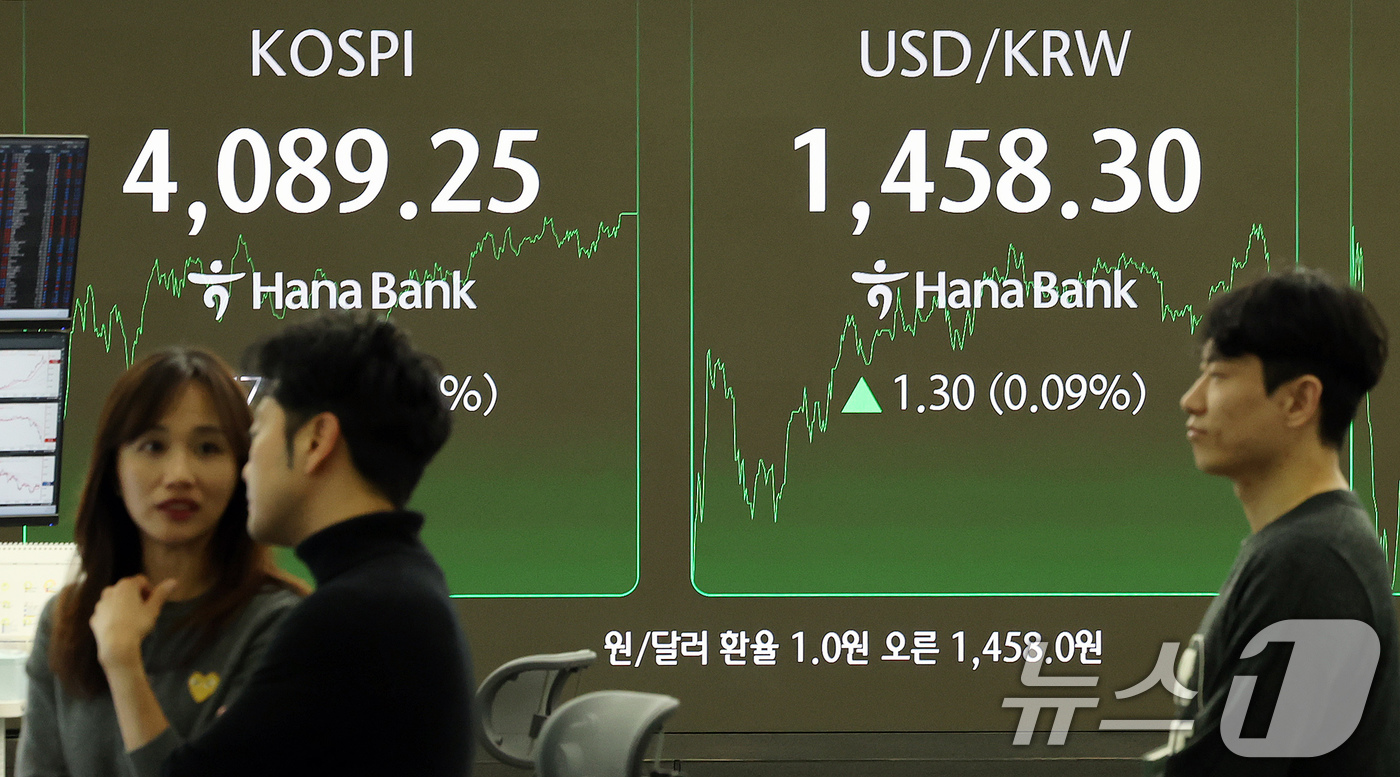 (서울=뉴스1) 이호윤 기자 = 17일 서울 중구 하나은행 본점 딜링룸 전광판에 증시 종가가 표시되고 있다. 이날 코스피 지수는 전 거래일 대비77.68p(1.94%) 오른 408 …