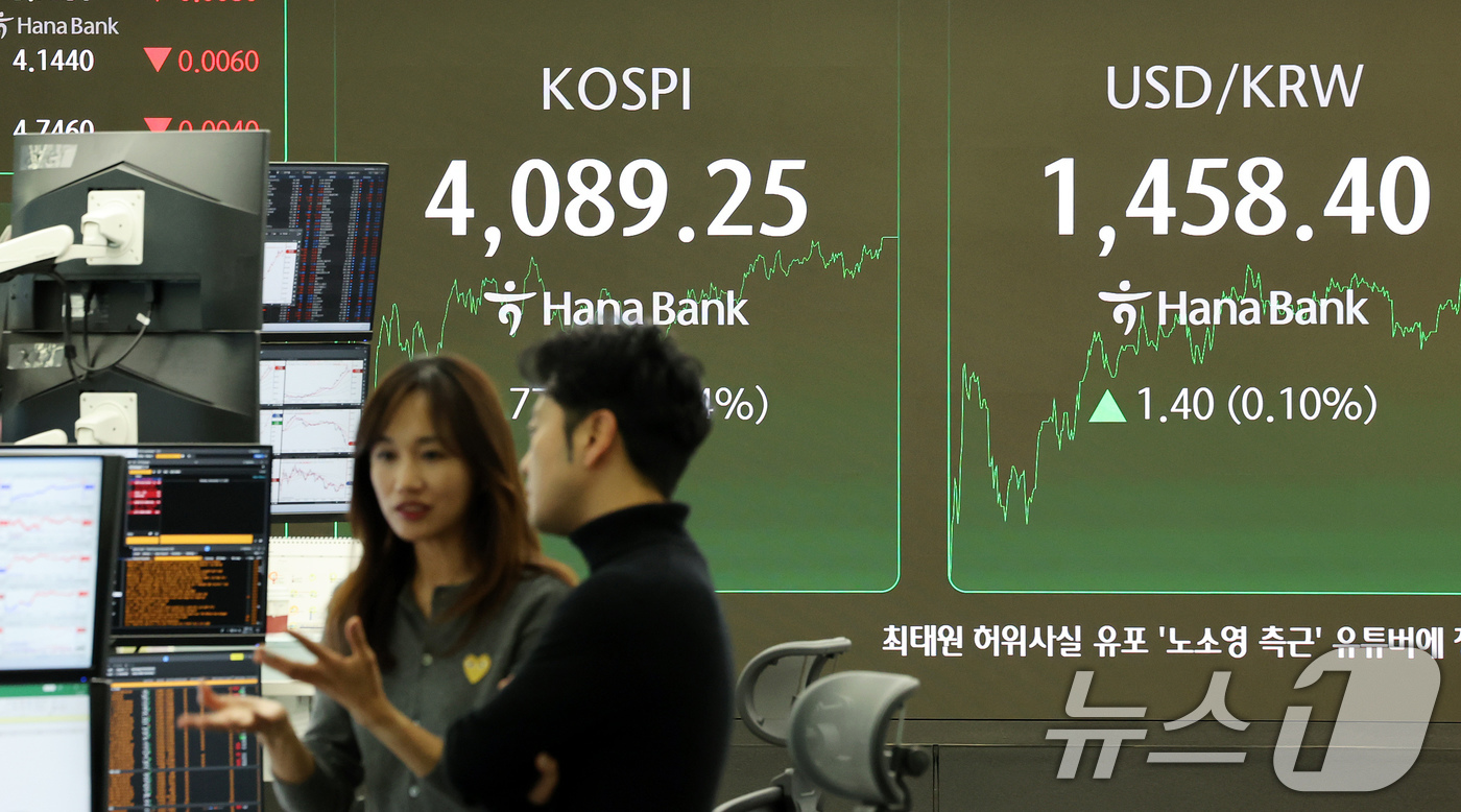(서울=뉴스1) 이호윤 기자 = 17일 서울 중구 하나은행 본점 딜링룸 전광판에 증시 종가가 표시되고 있다. 이날 코스피 지수는 전 거래일 대비77.68p(1.94%) 오른 408 …