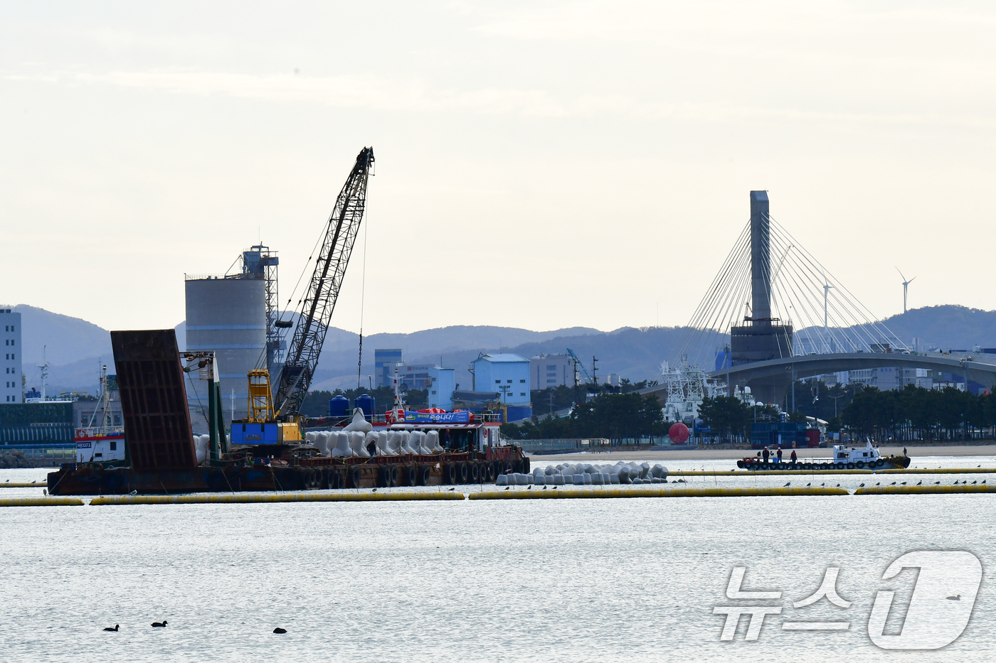 (포항=뉴스1) 최창호 기자 = 17일 경북 포항시 북구 영일대해수욕장 해상누각 인근 해상에서 백사장 유실 등을 막기 위한 잠제(수중 방파제) 설치를 위한 구조물 공사가 진행되고 …