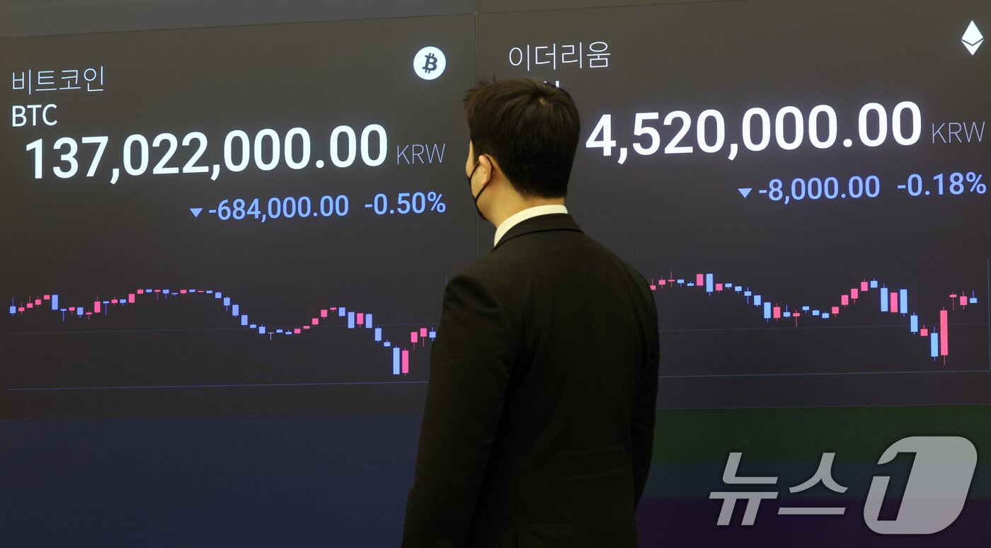 본문 이미지 - 18일 서울 강남구 업비트 라운지 전광판에 비트코인 가격이 1억3천7백만원대를 보이고 있다. 2025.11.18/뉴스1 ⓒ News1 김명섭 기자