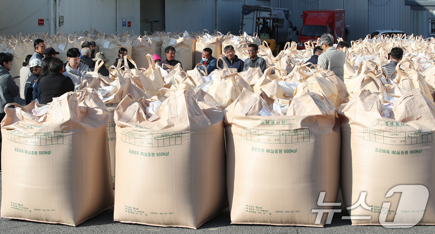 (대구=뉴스1) 공정식 기자 = 밤사이 기온이 크게 내려가 초겨울 날씨를 보인 18일 오전 대구 달성군 유가읍 유가농협 본점에서 '2025년산 공공비축미곡(건조 벼) 매입'이 진행 …